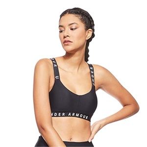 Women's UA Crossback Low Sports Bra w/Skinny Word Mark #1325613 Black/White LG